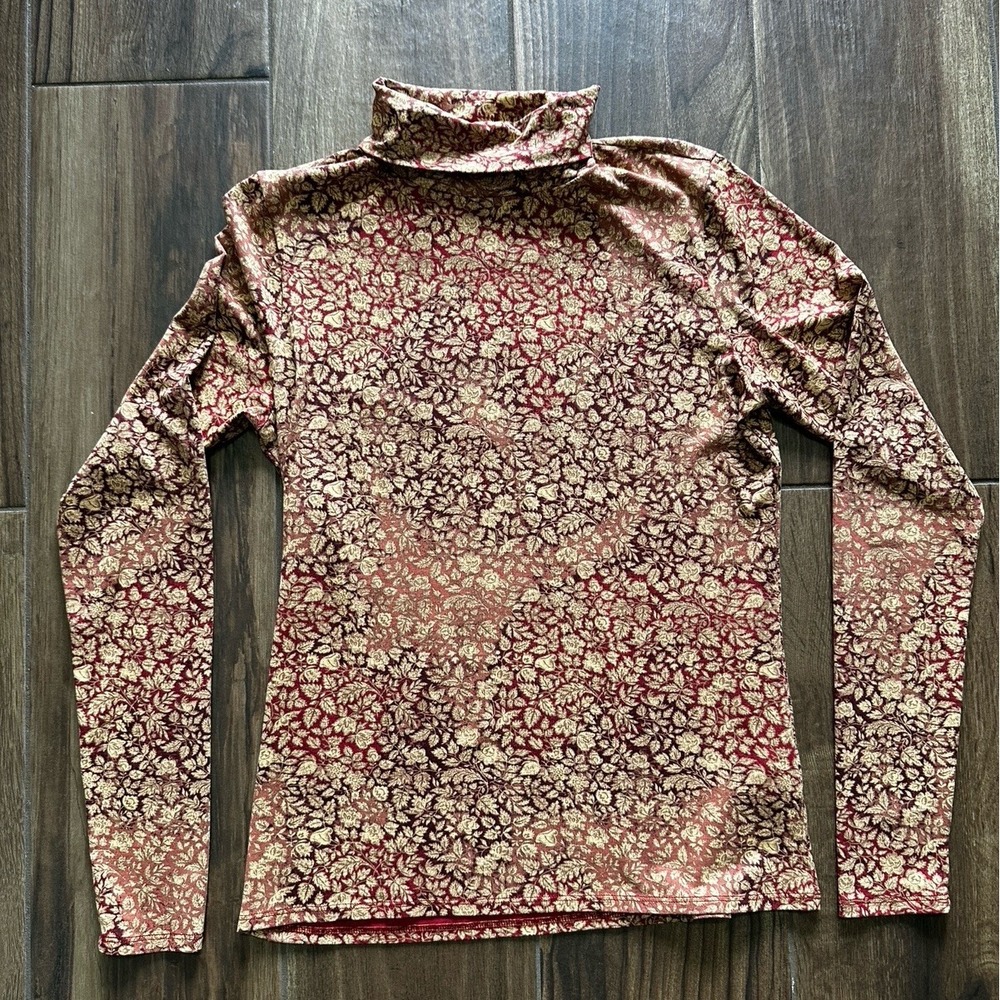 Peruvian Connection Pima Cotton Turtleneck Floral Damask Top Burgundy Tan M